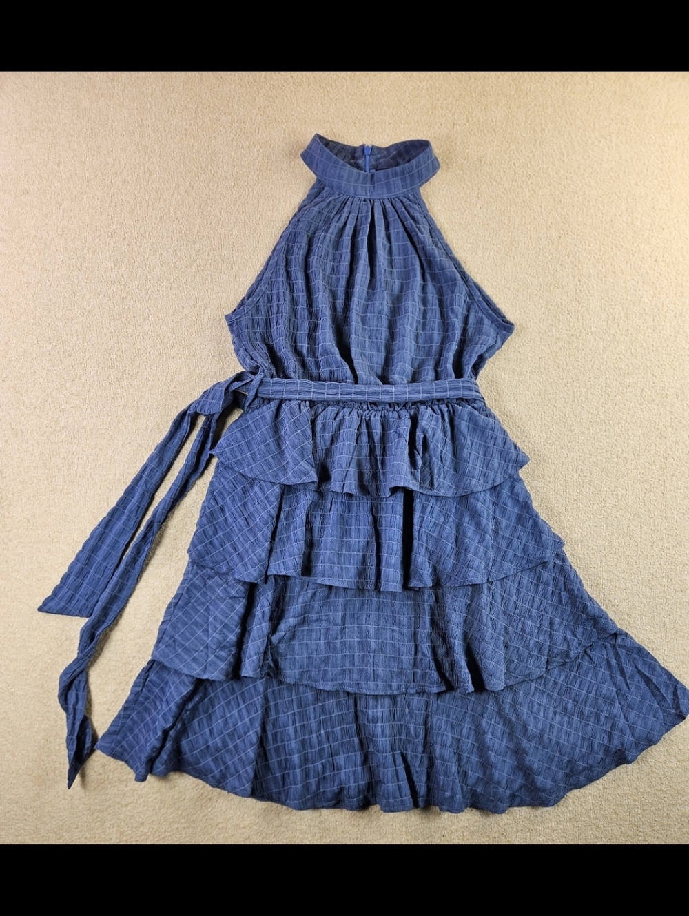 Loness Womens Blue Halter Tiered Ruffle Mini Dress Belted Size XS EU 34